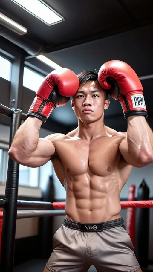 Prompt: high resolution, 4k, detailed, high quality, professional. Two Muscular Boxers kissing each other on the lips. Both wearing red boxing gloves. Both Asian young faces.