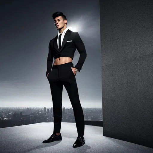 Prompt: crop top black long sleeve business suit with a black necktie, bare midriff, bare navel, black business suit pants, man, thinking, 21-years old, six pack abs, sore abs, handsome, extremely long-haired, thinking, with right hand on hips, plain colored background, photo, 2k, hdr, ((vibrant)), ((highly detailed)), ((masterpiece)), ((high quality)),