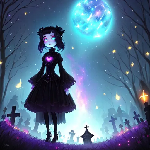 Prompt: Cute Pixar style painting, an adorable ghost woman, dressed in gothic clothing, graveyard, midnight, translucent skin, floating, nebula, galaxy, stars, fireflies, glowing eyes, glowing, Graves, cemetery, soft light, 4k, beautiful , gravestones, crypt, dead trees, hill