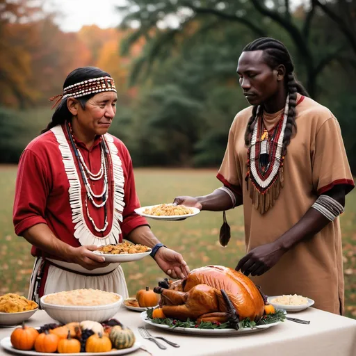 Prompt: Cherokee Indian man and Kenyan African man sharing Thanksgiving 