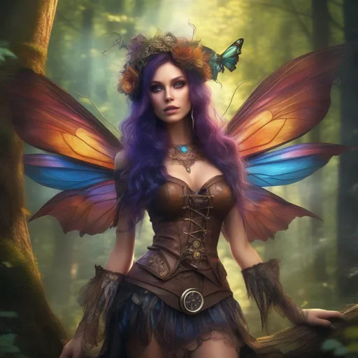 Prompt: Epic. Cinematic. Shes a (colorful), Steam Punk, gothic, witch. spectacular, Winged fairy, with a skimpy, (colorful), (gossamer), flowing outfit, standing in a forest by a village. ((Wide angle)). Detailed Illustration. 8k.  Full body in shot. Hyper real painting. Photo real. An (extremely beautiful), shapely, woman with, ((Anatomically real hands)), and (vivid), colorful, (bright eyes). A (pristine) Halloween night. (Concept style art). Rays of light. Lens flares. (Celestial). Different colored (bokah).