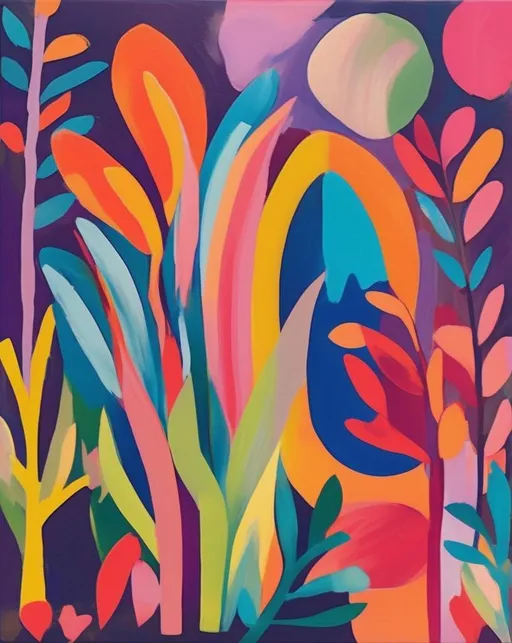 Prompt: A fauvism-inspired artwork celebrating the joy of nature with bold colors and organic shapes. Capture the image with natural light to enhance the vibrancy.