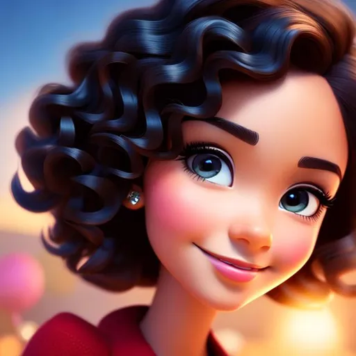 Prompt: Disney, Pixar art style, CGI, girl with  light dark skin, dark eyes, long black curly hair, very pretty, solemn expression