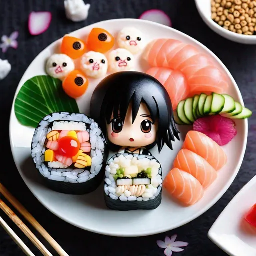 Prompt: Kawaii Sushi Art of Battle Angel Alita | Delicious Food Photography