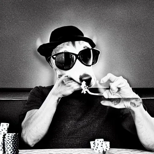 Prompt: A dog smoking a cigarette at a poker game in Vegas. Looking in through the lens of being high on mushrooms 