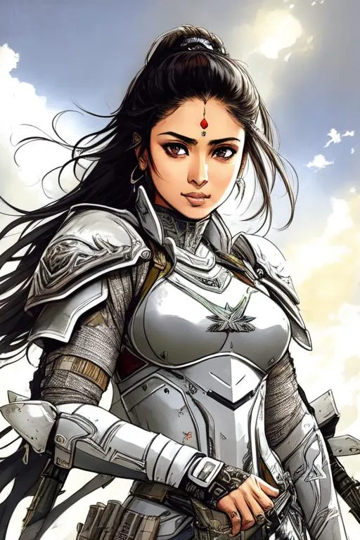 Prompt: (((Yoji Shinkawa))), sticker of ultra detailed portrait of Sadaf Mohammed Sayed  (Indian actress who mainly appears in Telugu, Tamil, and Kannada films)in white holy armor,  high quality cell shaded illustration in post apocalyptic style by Yoji Shinkawa, ((full body portrait)), dynamic pose, perfect anatomy, centered, freedom, soul, black long hair, approach to perfection, cell shading, 4k , cinematic dramatic atmosphere, watercolor painting, global illumination, detailed and intricate environment, artstation, concept art, fluid and sharp focus, volumetric lighting, cinematic lighting, Art by Yoji Shinkawa,