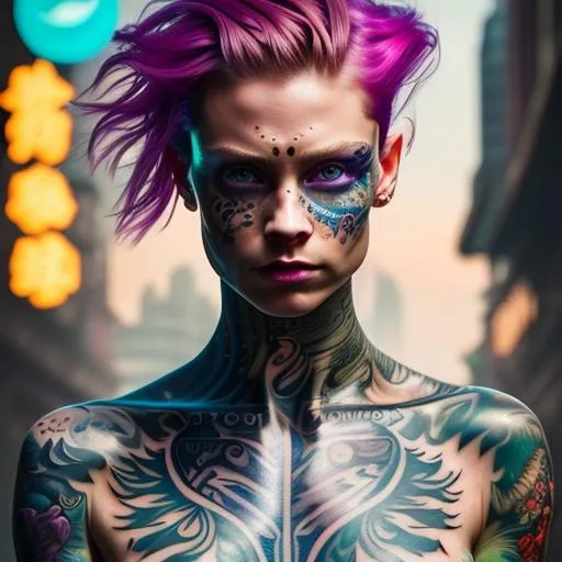 Prompt: ((best quality)), ((masterpiece)), ((realistic)), (detailed), woman, sfw, arm tattoo, cyberpunk fashion, detailed background, bioluminescent tattoos, nose ring, long hair, Short pixie with straight hair and undercut, big blue eyes, (looking at viewer:1. 2), (high angle shot:1. 3), colorful tattoos, blue and pink hair, detailed background, in the night city, portrait, smiling, seductive look, night, close up face shot, soft lights, 8k, realistic, 105mm, bokeh, raytracing, focus face, splash page