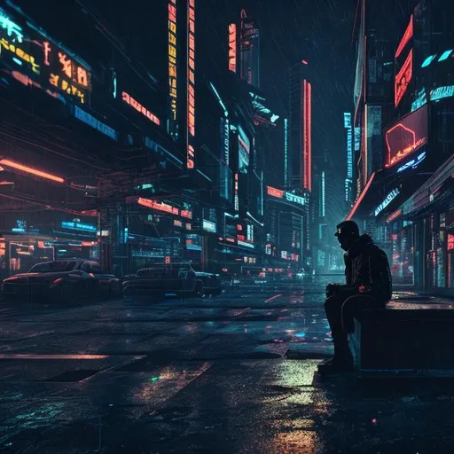 A man sit, with a cyberpunk view, alone, sad, full r...