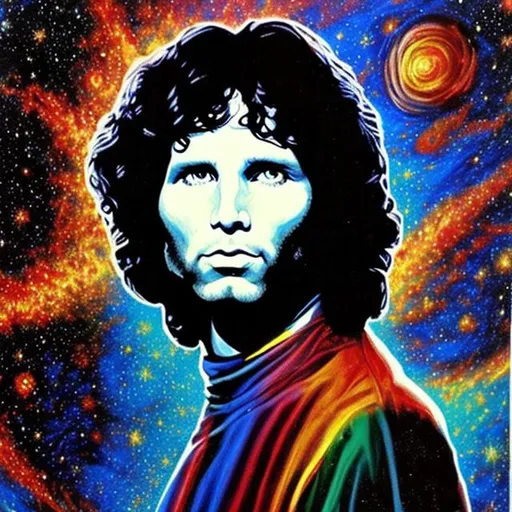 Prompt: portrait of jim morrison with a cosmic background by bob ross