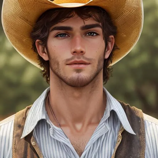 Prompt: A handsome young athelitic male wearing a cowboy hat, facial closeup