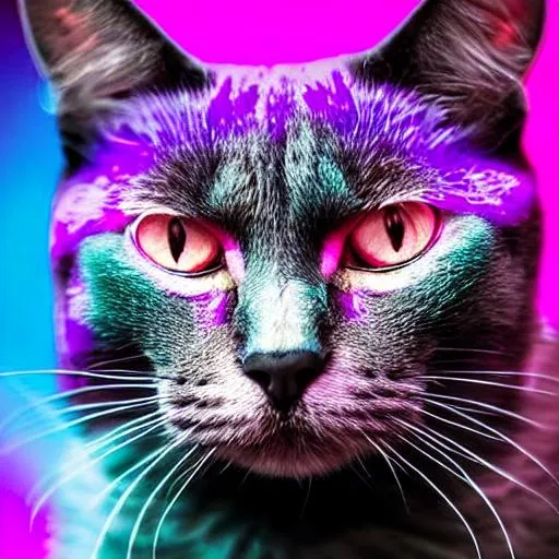 Prompt: Neon, cat warrior purple, blue eyes, pink galaxy background,