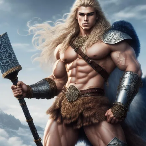 Prompt: 4k high res ultra detailed Luis Royo, Amy Sol style handsome 18 year old, Viking, warrior, with long blonde hair, no beard, dressed in beautiful fur and leather armor anime big blue eyes, body builder physique,  wielding Mjollnir hammer, ethereal fantasy hyperdetailed 