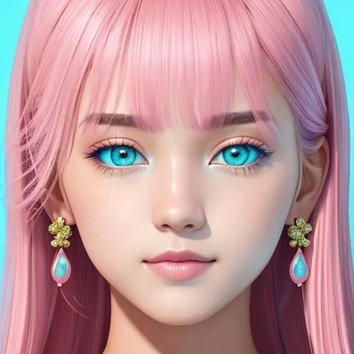 Prompt: a pretty girl  dressed in pink, color scheme of pink, aqua blue and gold, facial closeup