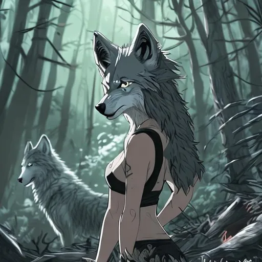 Prompt: Wolf girl, dirty face, with wolf ears and a wolf tail, in a forest, looking down