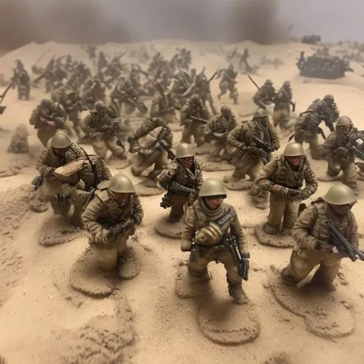 Prompt: trench warfare, desert, charge, scifi, army, large, sand storm