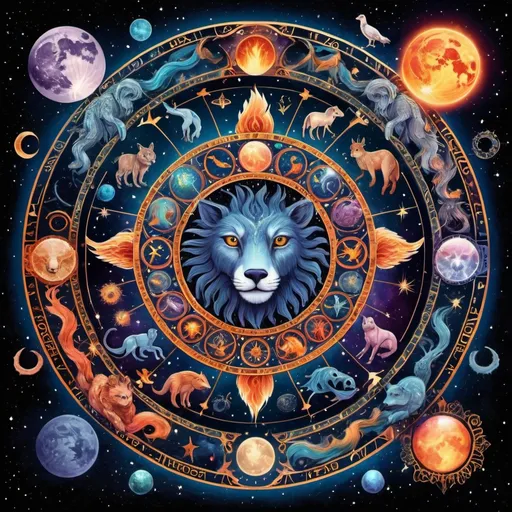 Prompt: a high quality digital artwork of intricate zodiac symbols representing "planet, stars, cosmos, spirit animals, fire signs", celestial, mystical, astrology, vibrant colors, intricate details, fantasy art, cosmic vibes