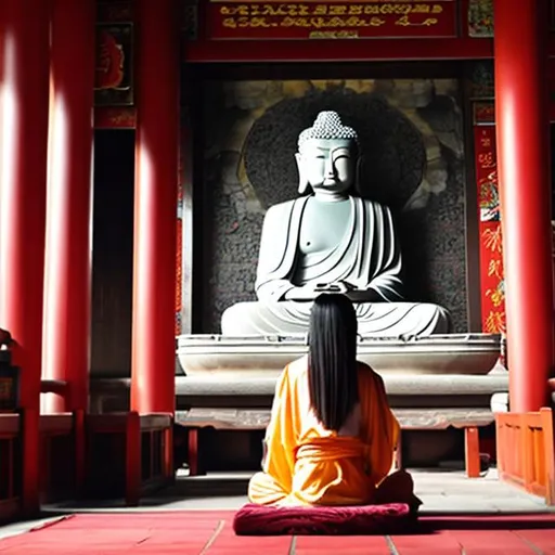 Prompt: A Asian Women is praying in front of a buddha statue in a Chinese temple 