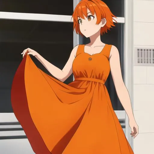 Prompt: girl with orange short hairs orange hairs  buetiful orange dress