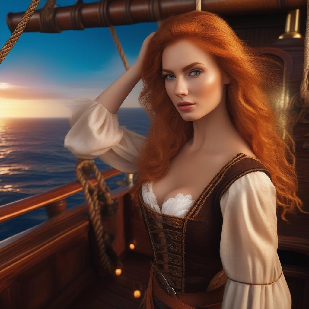 Woman Pirate captain long curly red hair kind tall