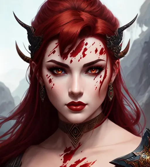 Prompt: Portrait of a Beautiful and Fierce Barbarian human woman with dark red hair with blood on her face, fantasy, intricate, elegant, highly detailed, digital painting, trending on artstation, concept art, smooth, sharp focus, illustration art by Stanley Lau and g