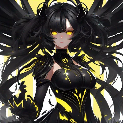 Anime character with curly black hair, golden wings, and silver eyes