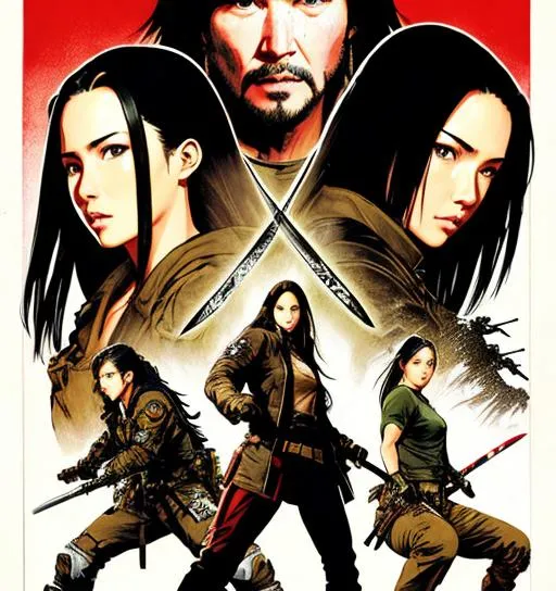 Prompt: Movie Poster (((Yoji Shinkawa))), sticker of ultra detailed portrait of Aaliyah Dana Haughton + Keanu Reeves + Olivia  Munn in black ninja outfit holding sheathed katana, high quality cell shaded illustration in post apocalyptic style by Yoji Shinkawa, ((full body)), dynamic pose, perfect anatomy, centered, freedom, soul, black long hair, approach to perfection, cell shading, 4k , cinematic dramatic atmosphere, watercolor painting, global illumination, detailed and intricate environment, artstation, concept art, fluid and sharp focus, volumetric lighting, cinematic lighting, Art by Yoji Shinkawa,