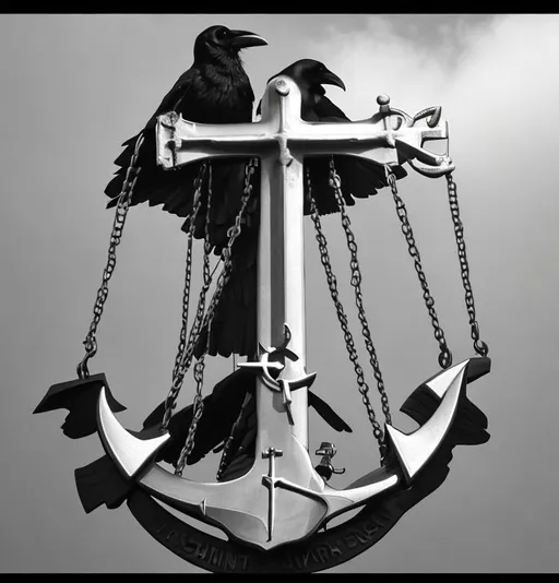Prompt: Raven perched on Navy chief’s anchor