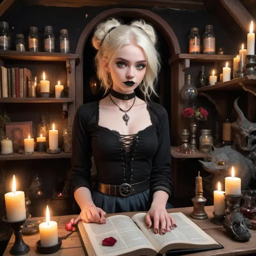 Prompt: Four beautiful young witches are in a dimly lit attic adorned with mystical symbols and ancient artifacts. Ava has long, fiery red hair cascading down her back, and intense green eyes. She wears a mix of bohemian and punk styles, with a leather jacket over a flowy skirt. Luna, with her straight black hair in a high ponytail, has deep brown eyes and pale skin. She dons a gothic black dress with lace and velvet, accented by dark lipstick and a choker. Willow, with her curly brown hair tied in a messy bun, has hazel eyes and a sun-kissed complexion. She wears jeans and a flannel shirt, accessorized with handmade wooden jewelry. Stella, with a sleek platinum blonde bob and striking blue eyes, shines in a metallic outfit with modern, chic fashion.

The attic is filled with flickering candles casting eerie shadows on the walls. Symbols drawn in chalk surround the space, and shelves are cluttered with ancient books, crystals, and potion bottles. The air is thick with the scent of burning incense, and an altar in the center is adorned with rose petals, herbs, and glittering crystals. The atmosphere is both enchanting and spooky, with a sense of powerful, ancient magic in the air as the witches prepare their conjuration.