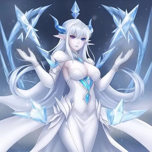 Prompt: 1woman, fair skinned woman, ice queen, elf with ice dragon horns and scales, standing in a snow covered battlefield, wears queenly robes, skinny body, regal, caries a book, gloved hands, hi res, lovely face, seen in reflection,