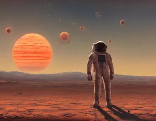 Prompt: Soft light, Astronaut, floating, In space, Oil painting, landscape, Mars background, Neon, Jim burns, 