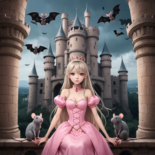 Prompt: anime princess in a castle with rats and bats



