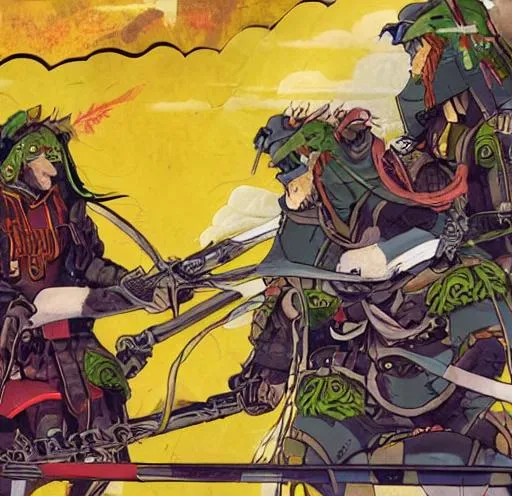 Prompt: Anime war scene graphic High detail Samurai warrior crusaders with Jesus Christ as depicted in the book of  revaltion coming out of heaven one side is the gathering of The chosen to ride victory against the enemy Satan and his fallen cyberpunk ninjas on the opposite side 