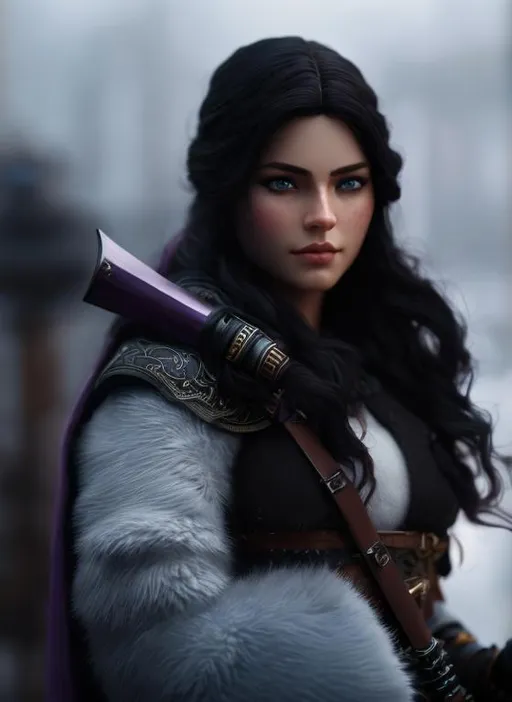 Prompt: she has dark purple hair, create most beautiful fictional female viking warrior, dark purple hair, light blue eyes, extremely detailed environment, detailed background, intricate, detailed skin, professionally color graded, photorealism, 8k, moody lighting