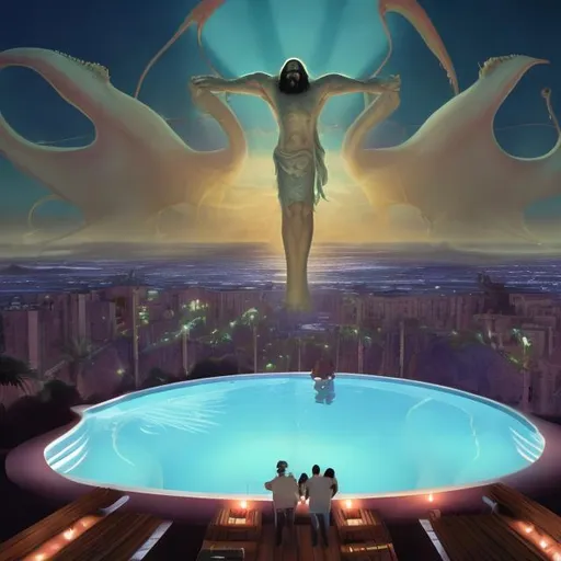 Prompt: wide view of jesus band playing guitars, at an exotic rooftop infinity pool, infinity vanishing point, cthulhu background