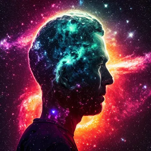 Prompt: Create an image of the galaxy reflected in a man's silhouette, hyperrealistic 4K portrait in UHD, creative details, high resolution, clear focus --ar16:9