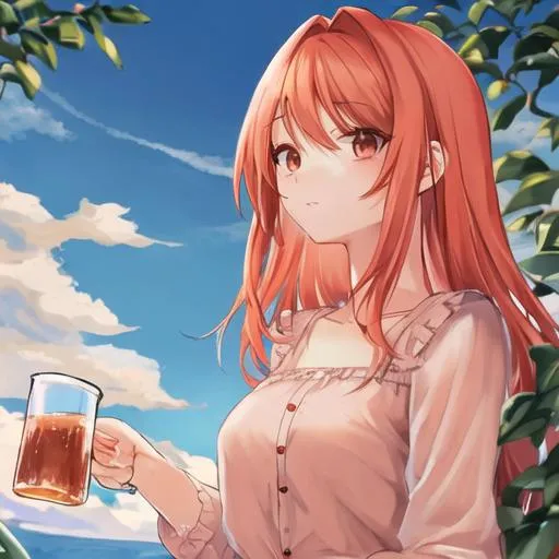 Prompt: Cute Gf looking at Sky drinking Bobba Tea red blond hair and medium chest