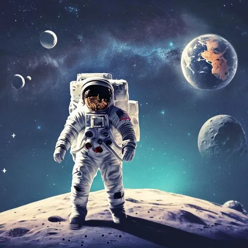 Prompt: An astronaut sitting on the moon, friendly town background, stars, beautiful