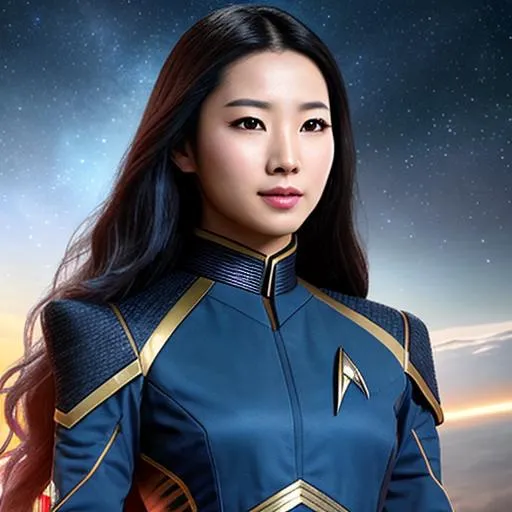Prompt: Generate a UHD photorealistic image of an attractive young Asian woman, with long wavy black hair, wearing a Star Trek Next Generation starfleet uniform.