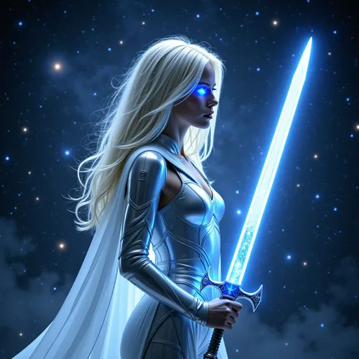 Prompt: she is in  silver armor made of blue light, her eyes glow with blue light,, she is holding a very ornate sword it is silver and is made of light, and it glows brightly with blue energy. In the background is the universe with star clusters and nebula,s and gas formations, her hair and cape is blended into the universe behind her she is transparent full body view profile
