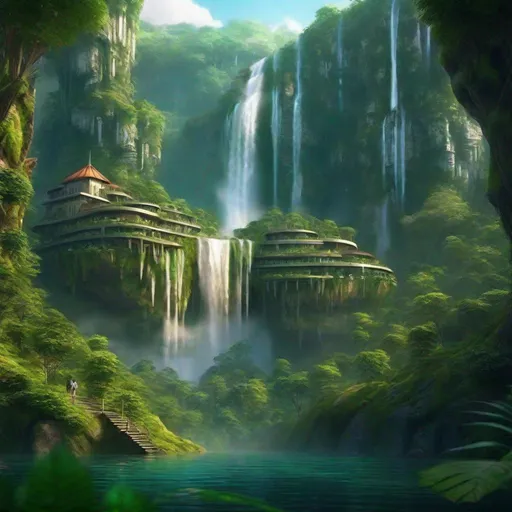Prompt: Envision a civilization near a glowing waterfall in a lush forest. Fantasy, another dimension. Hyperrealistic, UHD, HD, 8K, houses