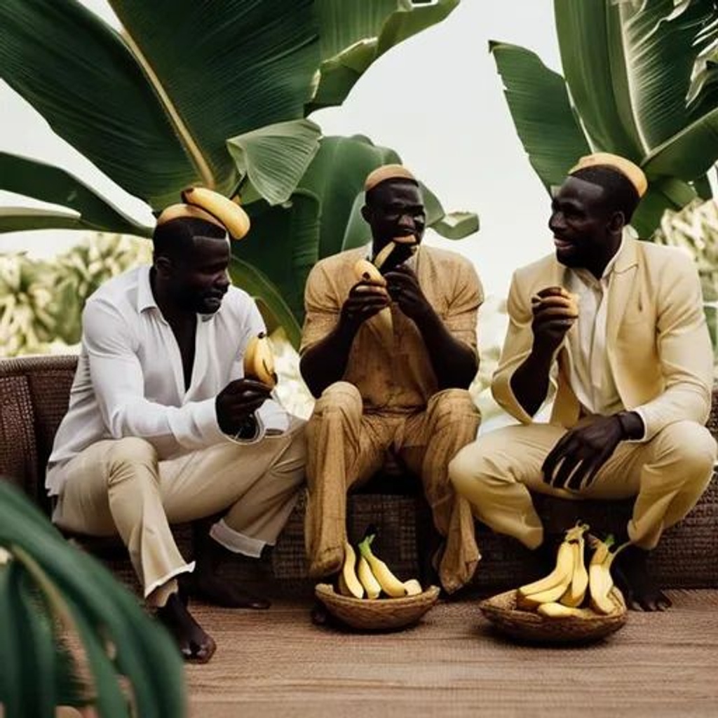 Prompt: Elegant men eat bananas under a palm