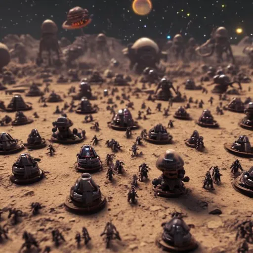 Prompt: millions of small aliens and tiny spacecraft going to war, stampede, lasers, smoke, dusty, dark, minimal light