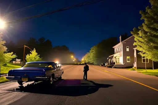 Prompt: An intersection in Pittsfield, Massachusetts of a car stopped, its driver door open, and a passenger seated. In the style of Gregory Crewdson.
