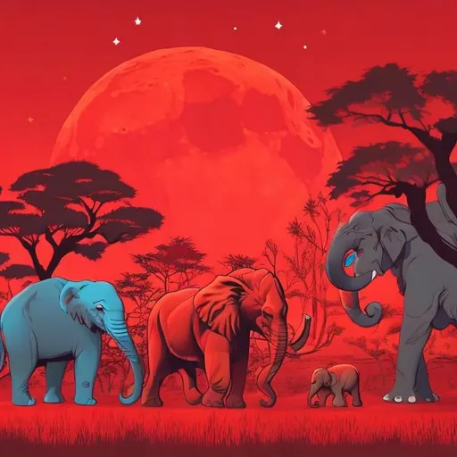 A wild lifelion and elephant moon red