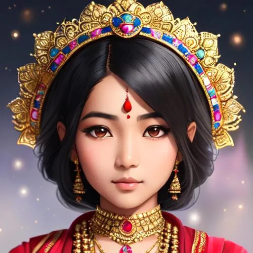 Prompt: really young Nepali girl in traditional clothing and jewelry. no smile, stoic expression. She looks south asian with monolids, and short black hair. illustration, digital art, soft watercolor, traditional aesthetic, fantasy, beautiful, artstation, deviantart, highly detailed, hyper realistic, 8k, high definition, flare, blur, cinematic.