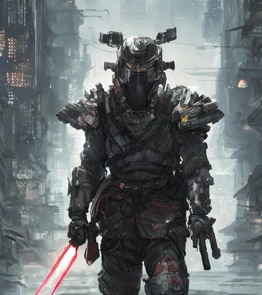 Prompt: Samurai wearing high tech armor, wielding a katana with a laser beam blade in both hands, in a futuristic dystopia cityscape, high detail, realistic. Primary focus is on the laser katana