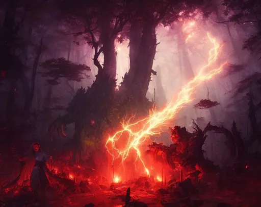 Prompt: Lighting in a forest destroying the evil, magic the gathering, greg rutkowski, artem, great quality, masterpiece, HD