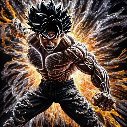 Prompt: 64K masterpiece intricate hyperdetailed breathtaking 3D glowing black oil painting medium portrait of son goku, black trousers, intricate hyperdetailed muscular body, intricate hyperdetailed muscles, glowing white light reflection on the muscles, hyperdetailed intricate hard standing glowing hair, hyperdetailed glowing angry white eyes, detailed face, white glowing muscles, tan glowing body, tan glowing skin, semi-polaroid monochrome photography, hyperdetailed complex, character concept, hyperdetailed intricate glowing shining glamorous colored water drop floating in the air, very angry, intricate glowing light reflection, intricate hyperdetailed glowing iridescent reflection, strong glowing white light on the hair, contrast white head light, hyperdetailed very strong colored shadowing very strong colored muscle shadow, professional award-winning photography, maximalist photo illustration 64k, resolution High Res intricately detailed, impressionist painting, yellow color splash, illustration, key visual, panoramic, cinematic, masterfully crafted, 8k resolution, stunning, ultra detailed, expressive, hypermaximalist, UHD, HDR, UHD render, 3D render, 64K, hyperdetailed intricate watercolor mix oil painting on the body, Toriyama Akira colored cyberpunk 2077 city skline backround