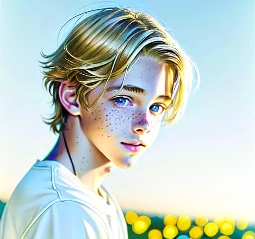 Prompt: Hyperrealistic Hyperrealism front view of face (headshot) (straight forward view) Beautiful young teen boy, (kid cole sprouse)+++ blond boy, straight hair, happy eyes, innocent, boy model, 16 years old, pretty, cute, freckles, cinematic lighting, blue sky, bright colors, blue, green, yellow, white,  luminous, hyperdetailed, great composition, professional, artstation award