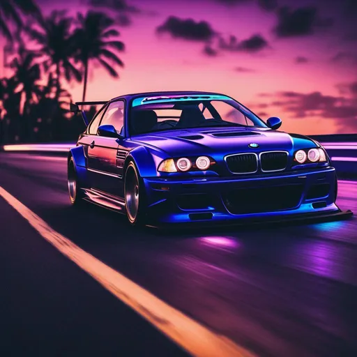 Prompt: 2001 BMW M3 E46 GTR, synthwave, aesthetic cyberpunk, miami, highway, dusk, neon lights, coastal highway, dusk, neon lights, coastal highway, sunset, drift, nurburgring